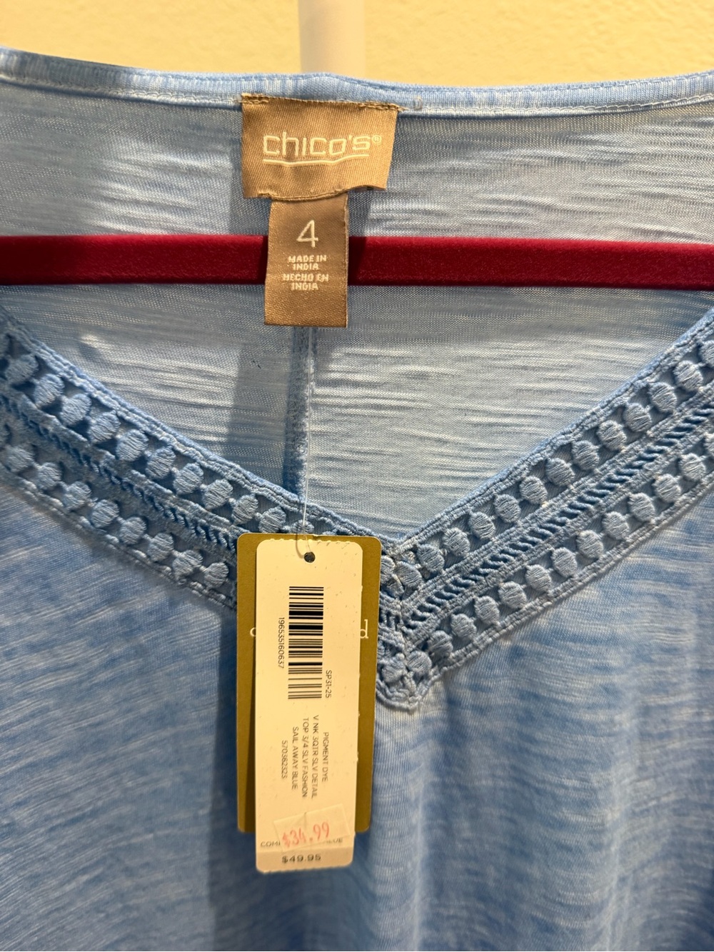Chico's Sky Blue V-Neck Crochet Trim Tee - Picture 2 of 5